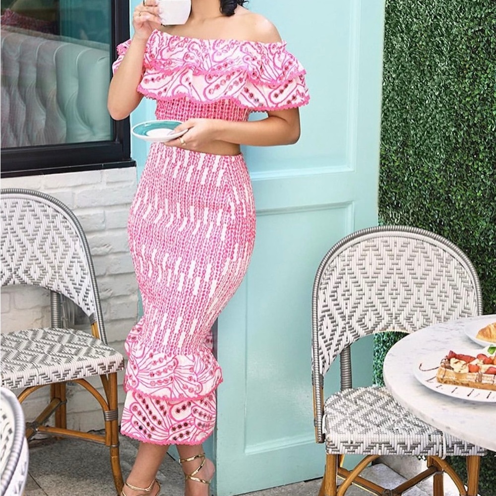 Pink Shirred Bodycon Ruffle Matching Crop Top and Skirt Set